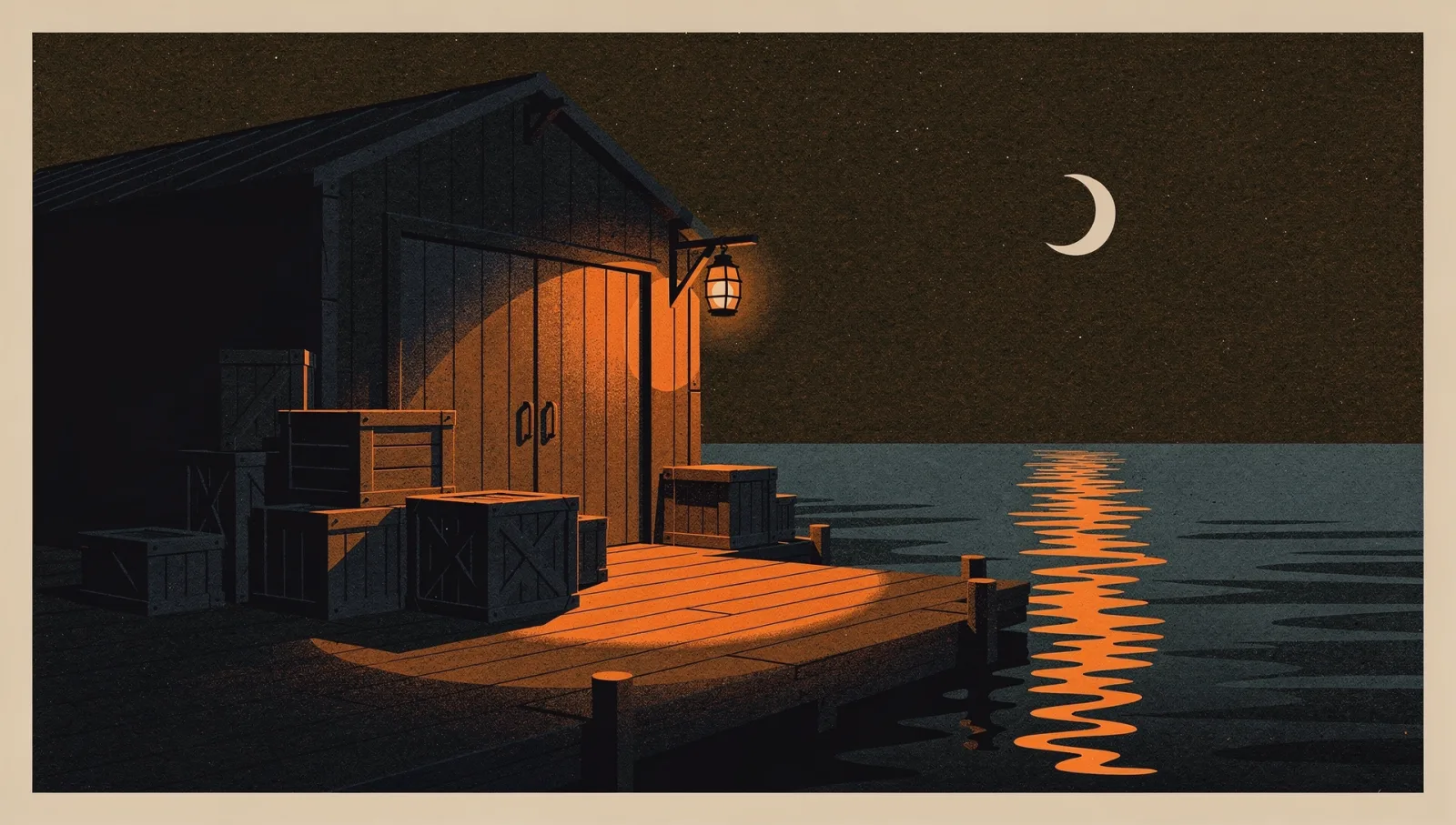 Night illustration of extra crates stacked outside a dock warehouse under a glowing lantern, crescent moon over calm water