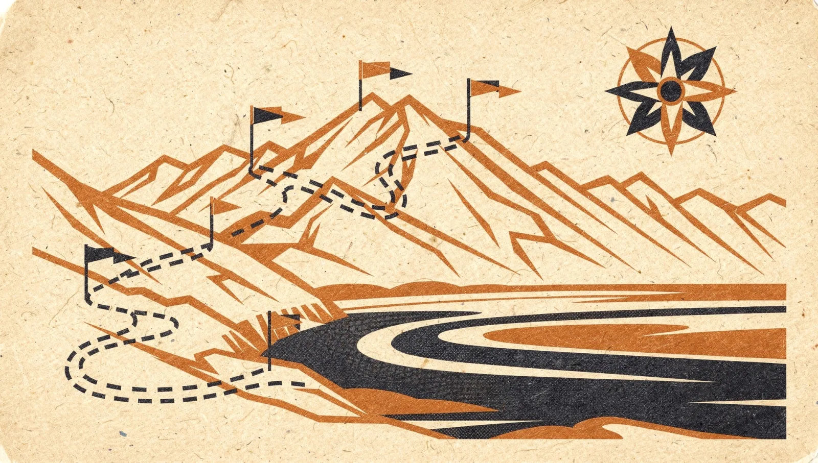 Illustration of a dashed expedition route climbing through mountains with pennant flags at each stop